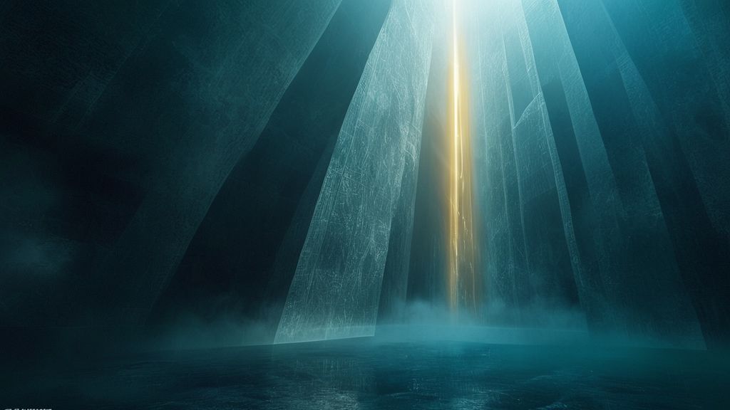 Featured image for article: El Silencio del Nombre y la Geometría Intangible del Ser: La Arquitectura del Ecualizador Espiritual. Abstract geometric composition of light and shadow, representing an intangible architecture. A colossal, silent structure made of pure energy patterns (like a 4D mesh) is pierced by a singular, focused, golden, vertical beam of light, symbolizing the Original Name/Plan. The atmosphere is deep blue and ethereal, with strong volumetric fog and dramatic cinematic lighting. 16k resolution, Octane Render, deep focus, symbolic concept, no text, no figures.